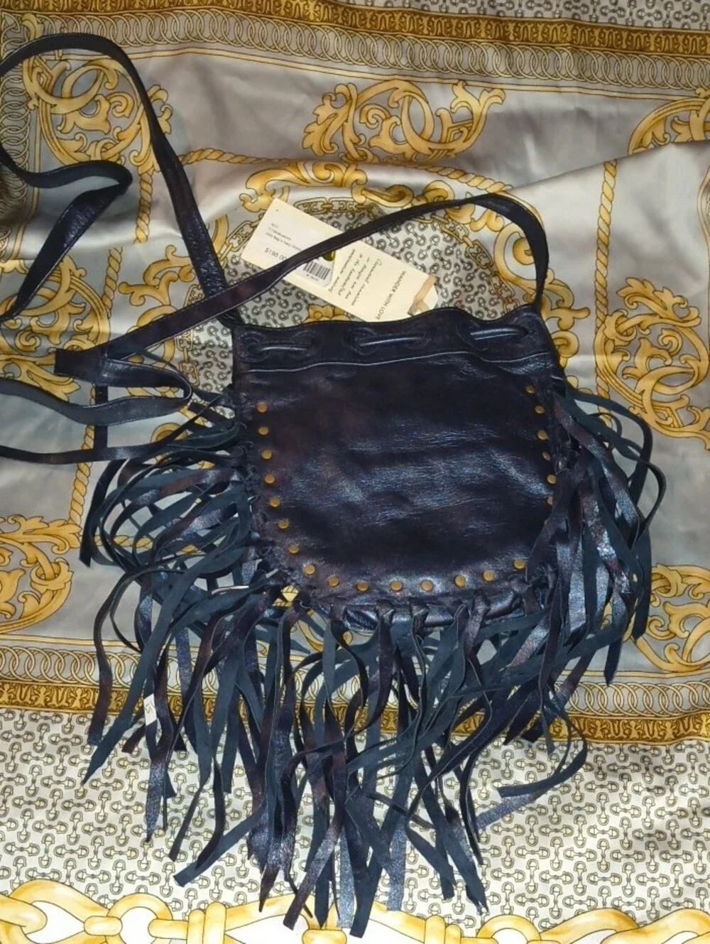 Cleobella Black Fringe Leather Crossbody with Stud Accents